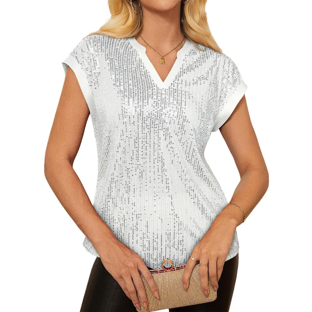 Sequin Shirts for Women V Neck Sequin Sparkly Tops Short Sleeve Dressy Casual Party Shirt for Club Going Out beautiful
