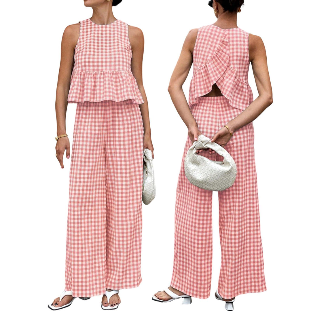 Womens Gingham Set Ruffle Plaid Peplum Tops and Pants Summer Vacation Going Out Sets for Daily Wear Beach admired