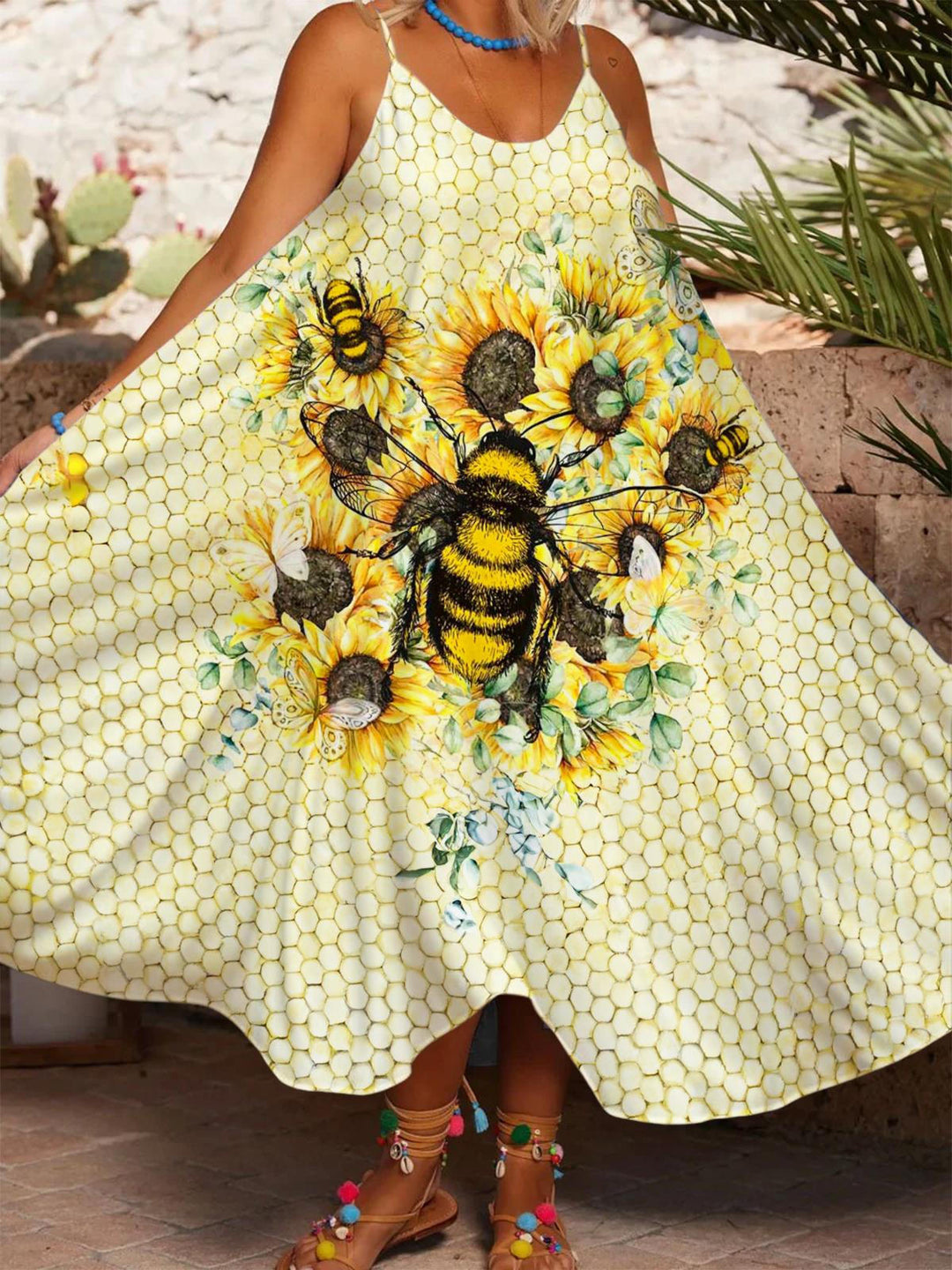 Sunflower Bee Print Casual Spaghetti Strap Dress