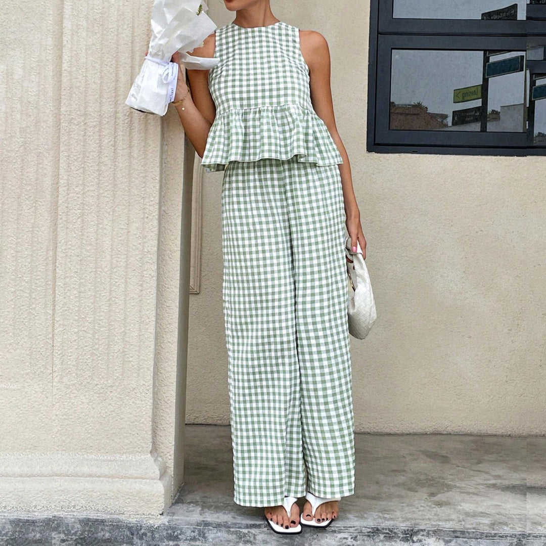 Womens Gingham Set Ruffle Plaid Peplum Tops and Pants Summer Vacation Going Out Sets for Daily Wear Beach admired