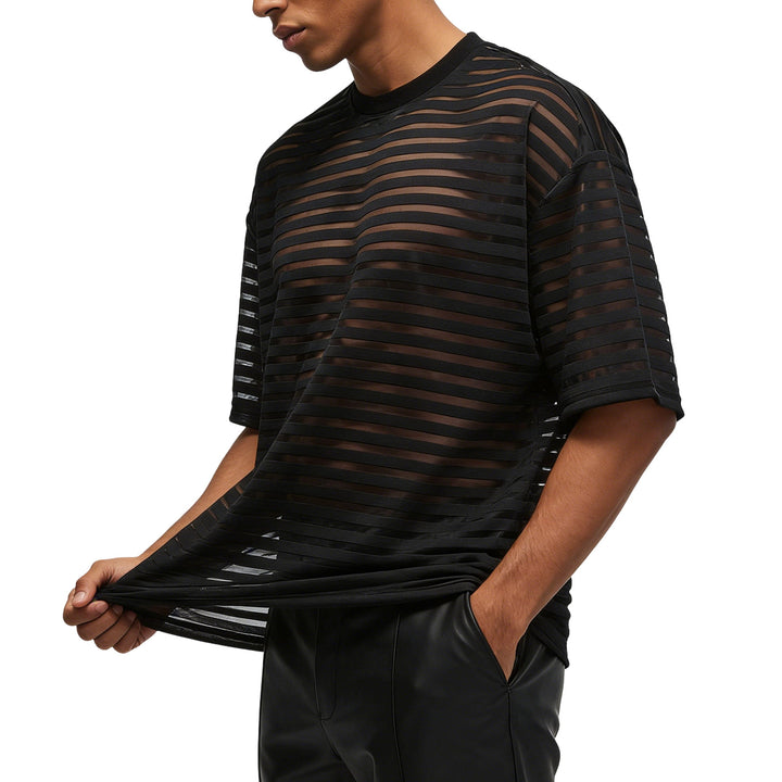 Sheer Shirt Men Striped Short Sleeve Crewneck T Shirts See Through Party Tops for Going Out Dating Travel enjoyment