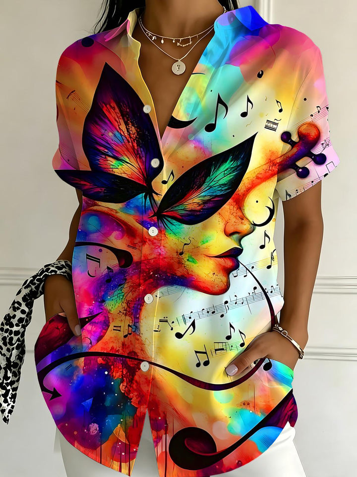 Colorful Gradient Music Butterfly Portrait Women's Short Sleeve Shirts
