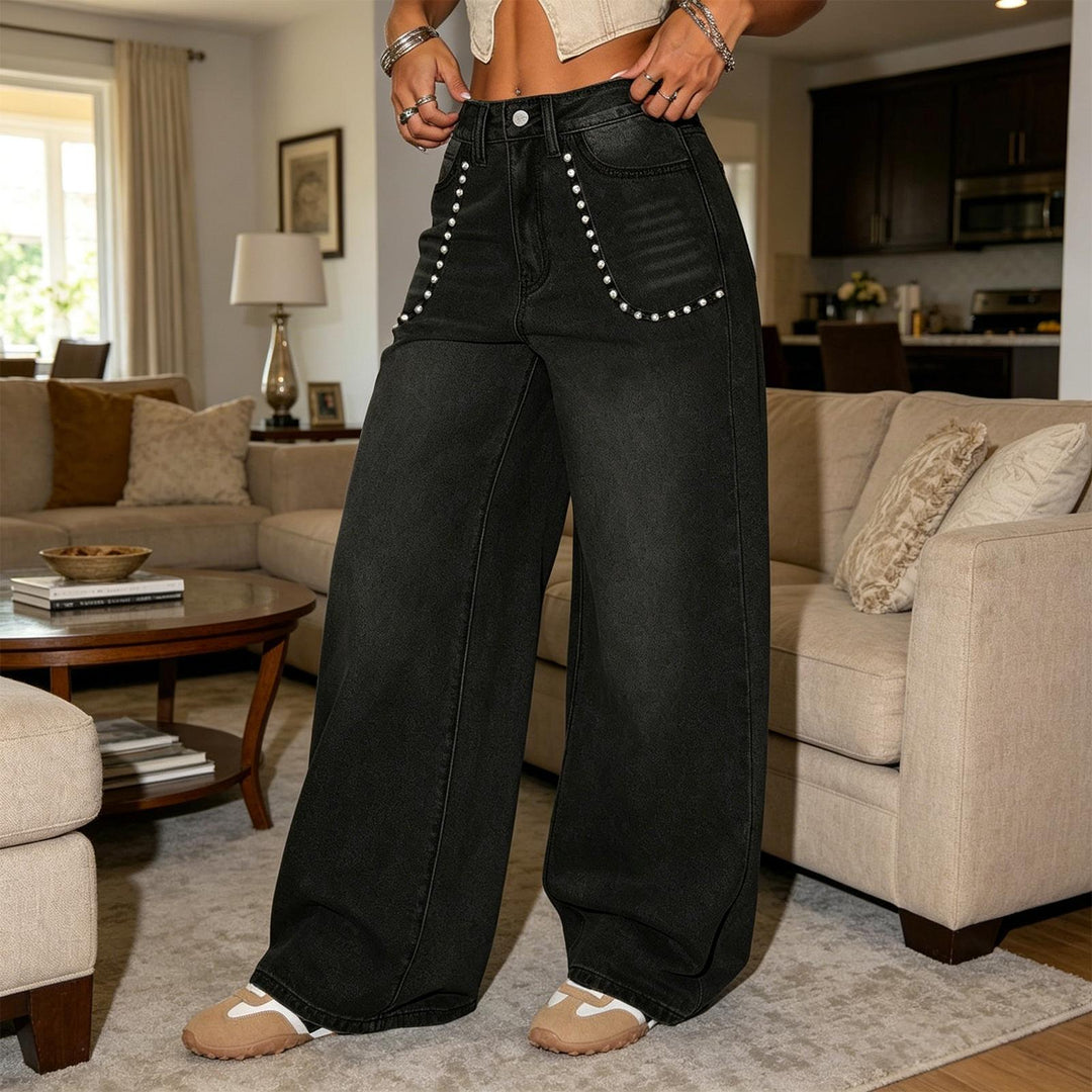 Wide Leg Womens Jeans Low Rise Wide Legs Denim Pants Loose Studded Jean with Pocket for Vacation Going Out cosy