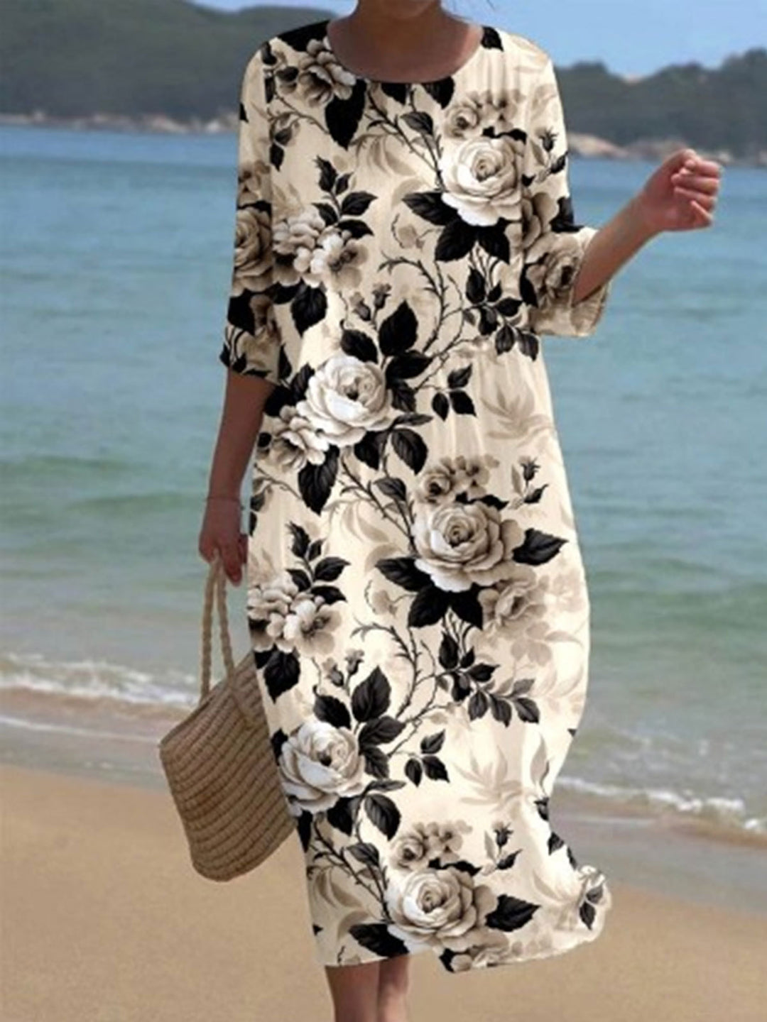 Women's Round Neck Floral Print Holiday Dress