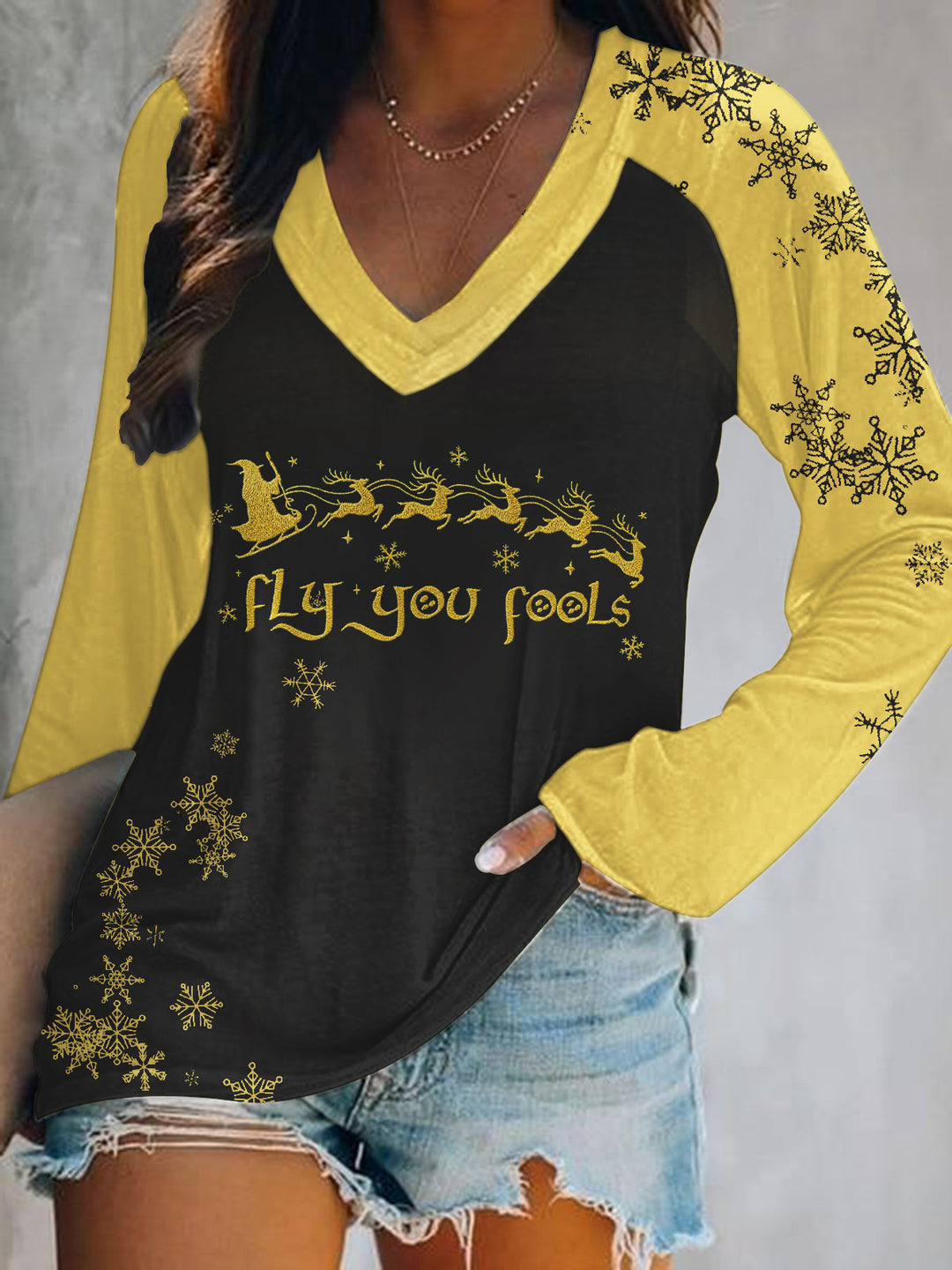 Fun Christmas Print V-Neck Long Sleeve Top