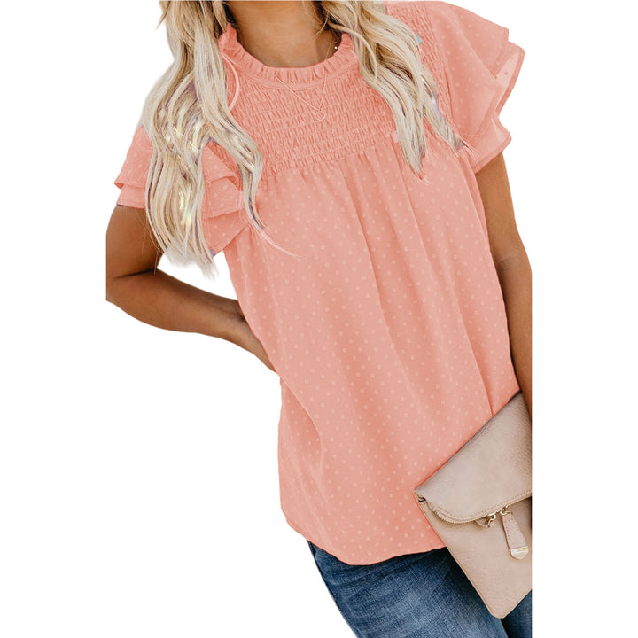 Womens Ruffle Short Sleeve Blouse Dot Smocked Crewneck Summer Flowy Chiffon Shirts Pullover Tops for Travel expedient