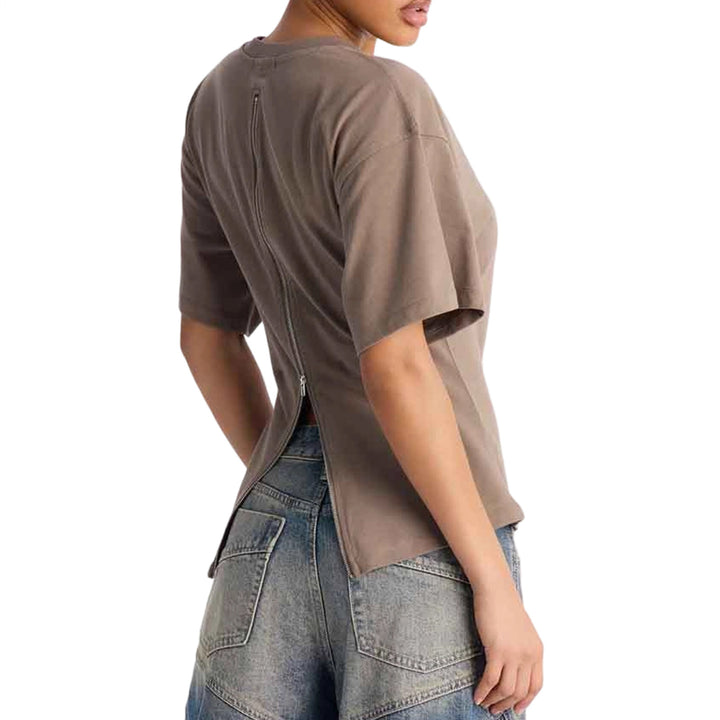 Zipper Back Shirt for Women Back Zipper Crewneck Short Sleeve Cinched Waist Top for Daily Wear Vacation method