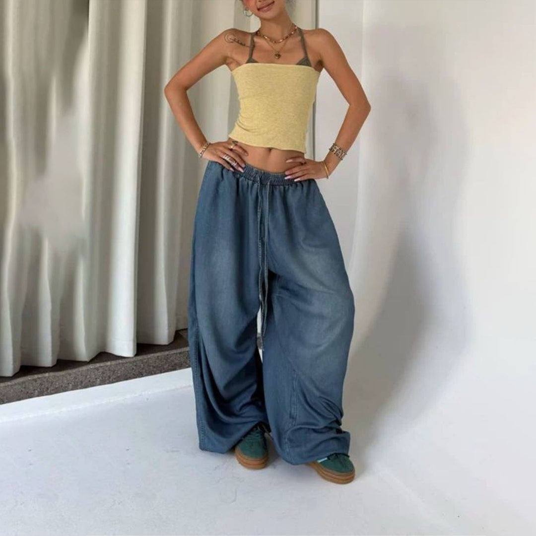 Womens Elastic Waist Jeans Low Rise Vintage Baggy Barrel Jeans Streetwear Loose Fit Denim Pants for Travel candid