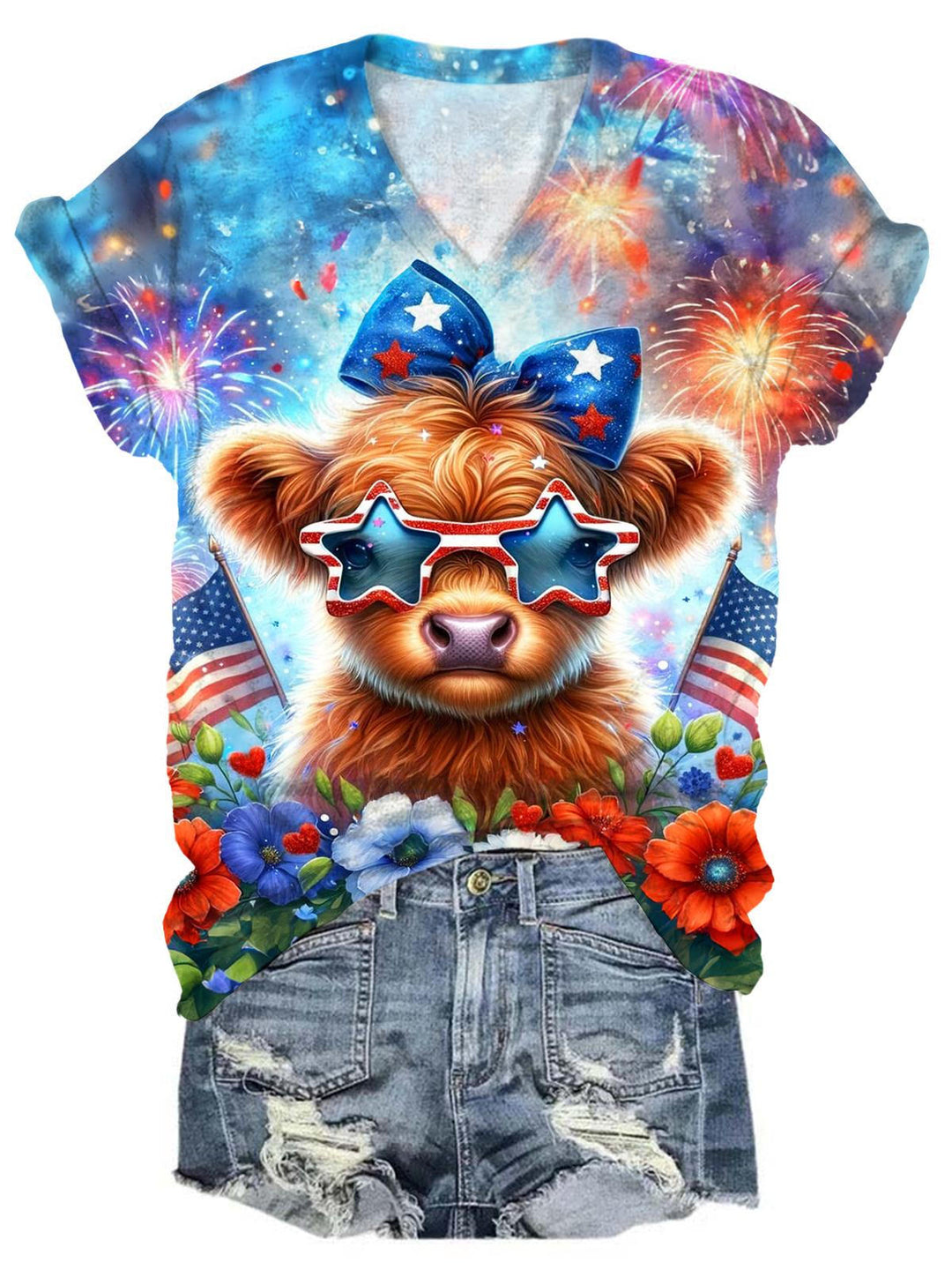Star Stripe Highland Cow V-Neck T-Shirt