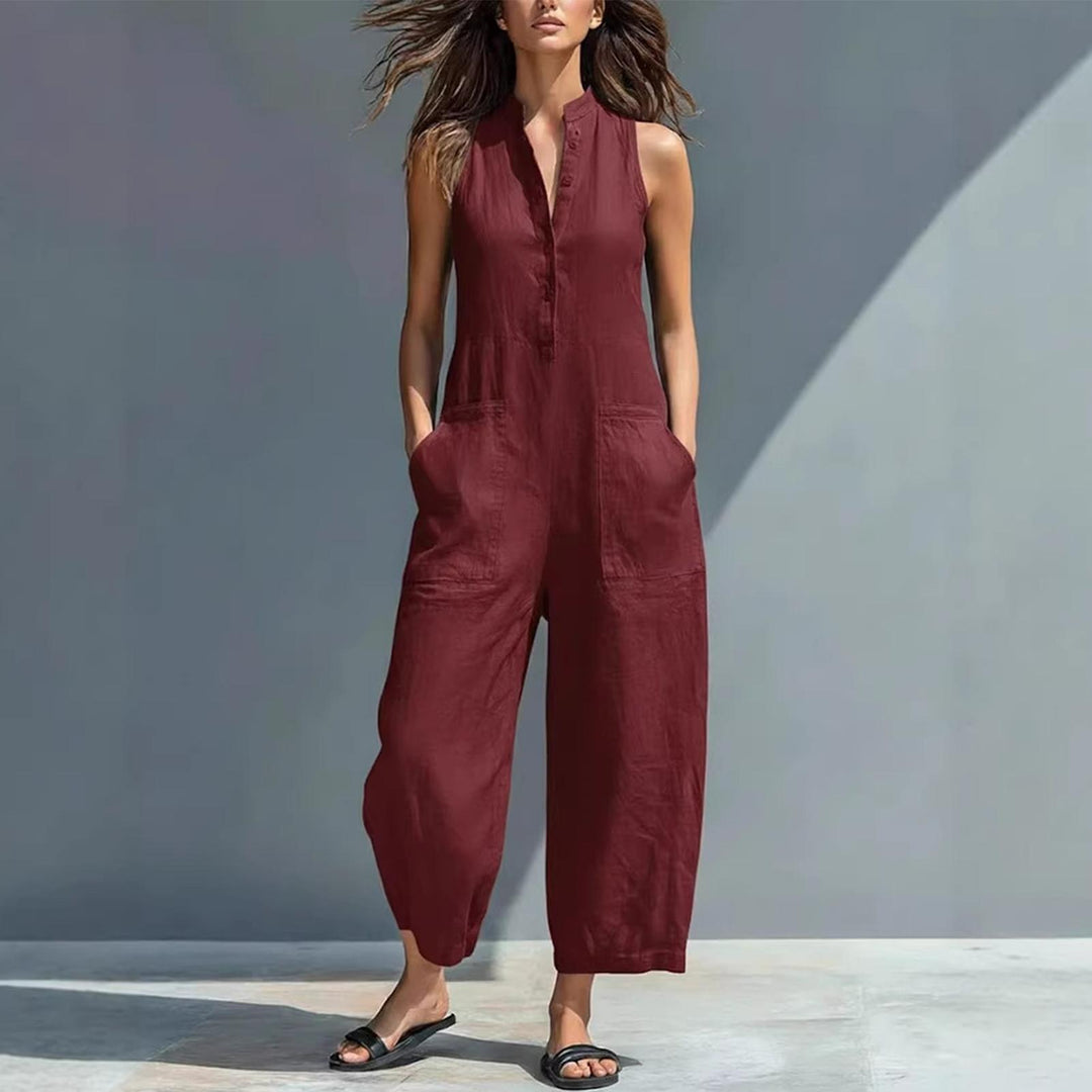 Sleeveless Jumpsuits for Women Button Front Stand Collar Sleeveless Loose Wide Leg Jumpsuit for Vacation classical