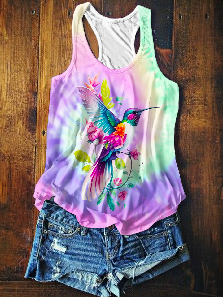 Tie-dye Hummingbird Flowers Printed Casual Tank Top