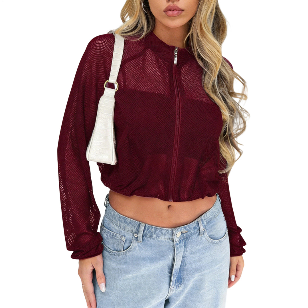 Sheer Mesh Jacket Women Mock Neck Lightweight Casual Zip Up Crop Jacket Summer Athletic Outerwear for Yoga boosted