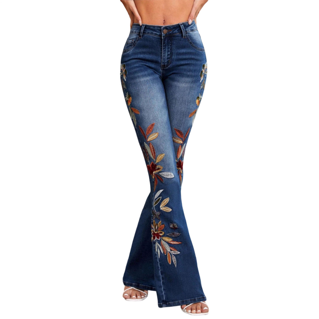 Women Flare Jeans Embroidered High Waisted Bell Bottom Jeans Trendy Fitted Flattering Denim Pants for Dating feasible