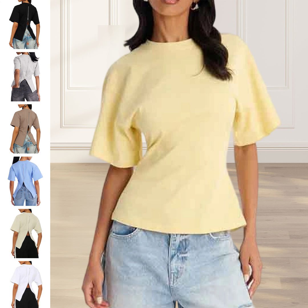 Zipper Back Shirt for Women Back Zipper Crewneck Short Sleeve Cinched Waist Top for Daily Wear Vacation method