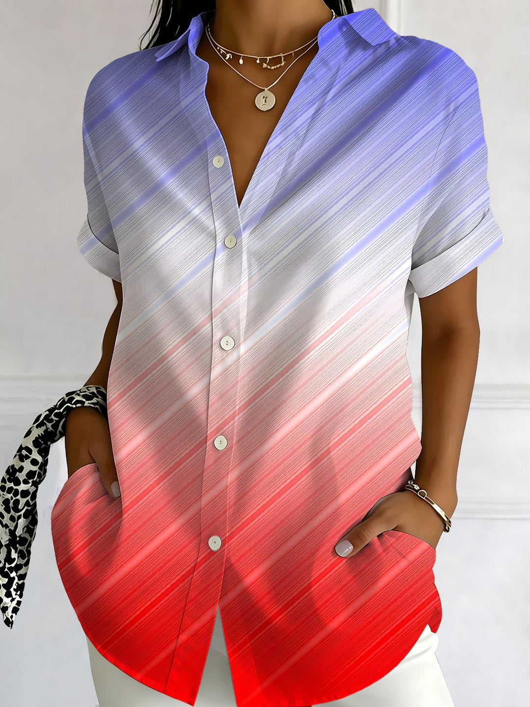 Gradient Stripe Print Women's Short Sleeve Shirts