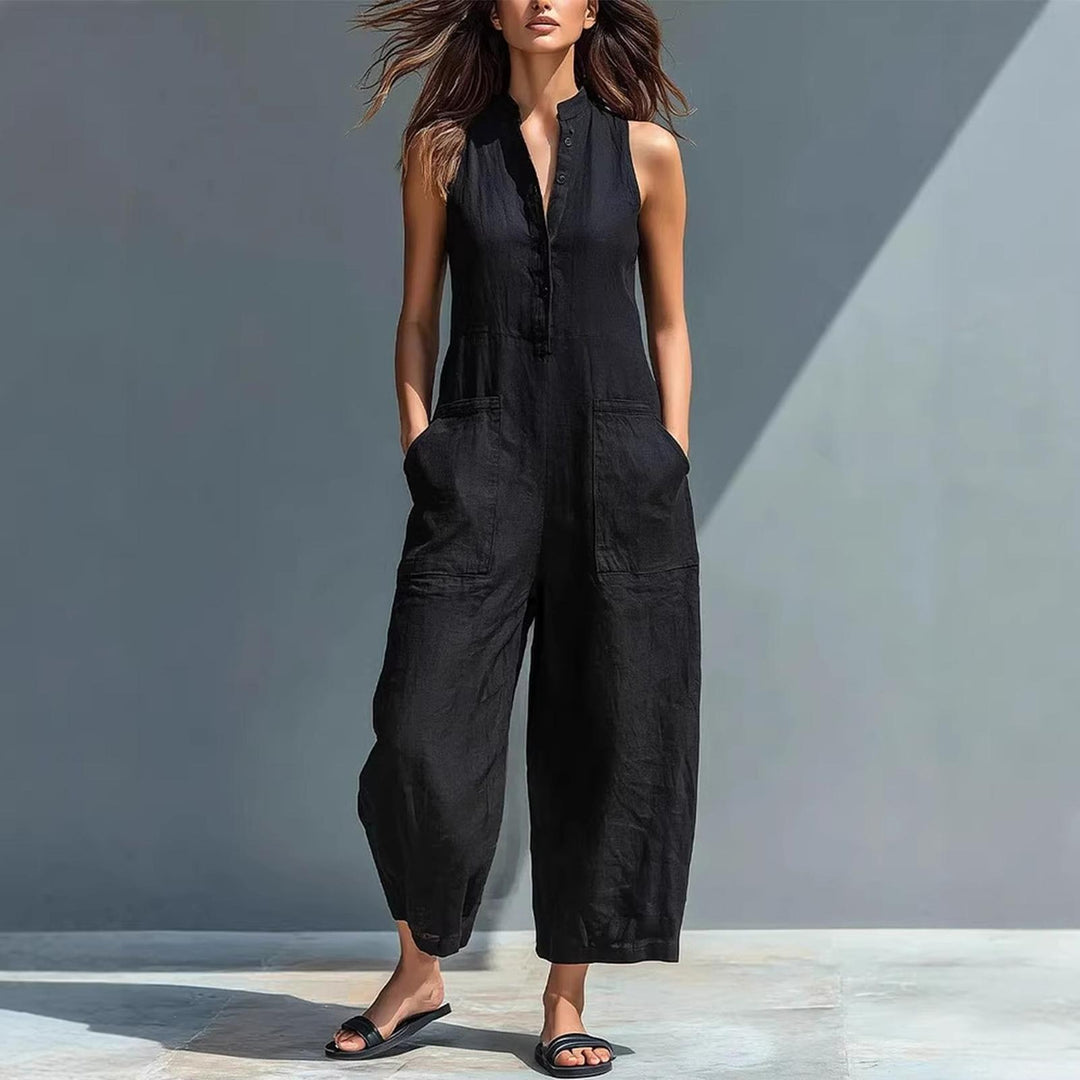 Sleeveless Jumpsuits for Women Button Front Stand Collar Sleeveless Loose Wide Leg Jumpsuit for Vacation classical