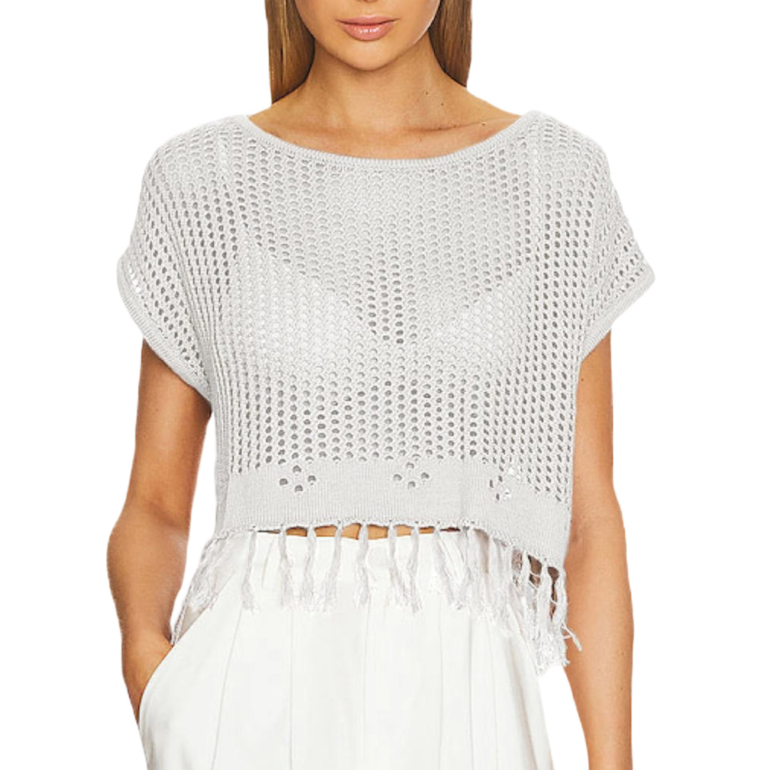 Crochet Tops for Women Tassel Hollow Out Summer Knit Top Crewneck Short Sleeve Pullover Cover Up for Travel usefulness