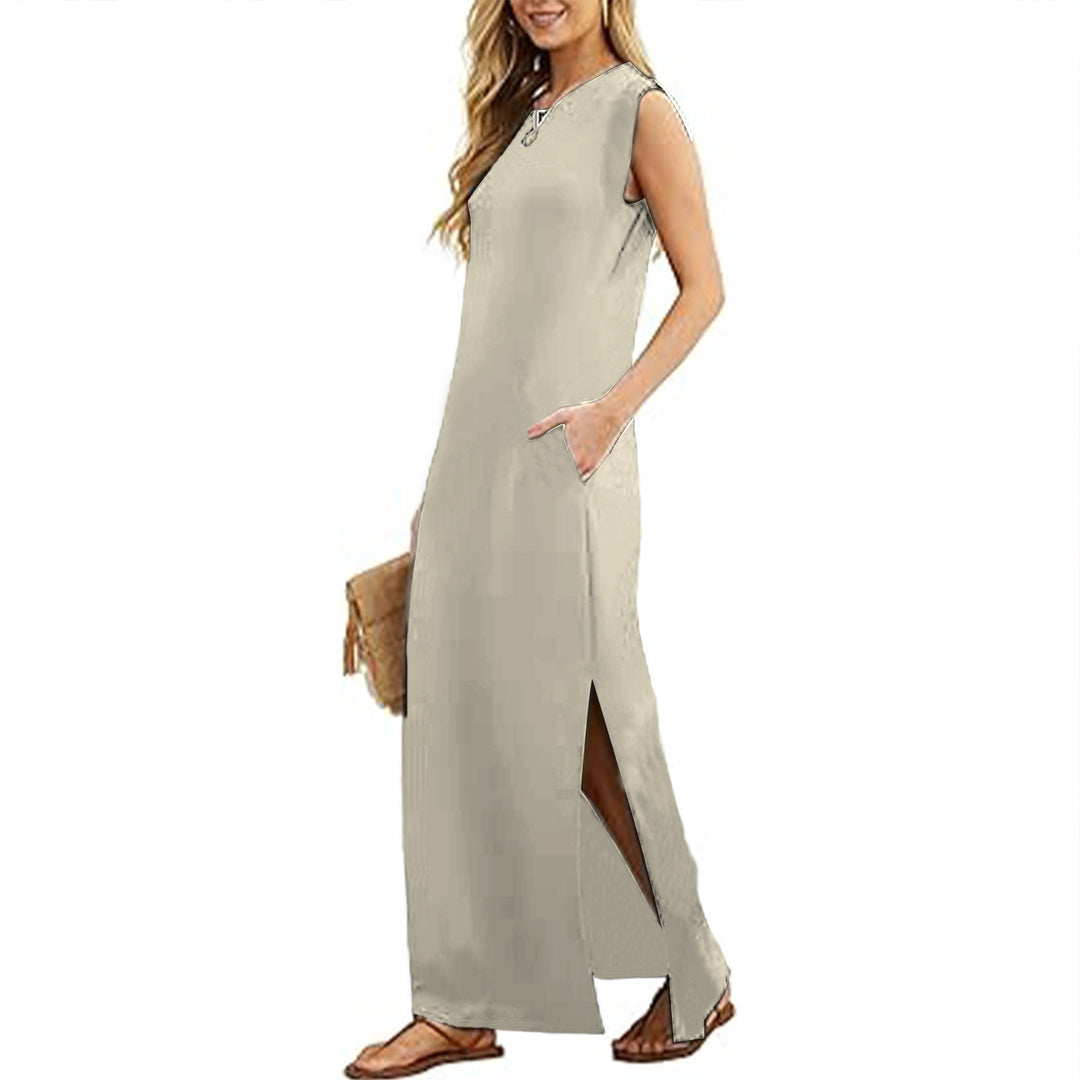 Tank Maxi Dress Sleeveless Solid Color Maxi Dress Loose Fit Side Slit Sundress for Fashionable Daily Wear Vacation Dating classy