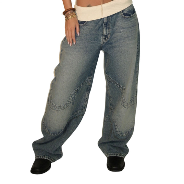 Womens Low Rise Baggy Jeans Fold-Over Elastic Waist Wide Leg Jeans Denim Pants Loose Fit Trousers for Club appropriate