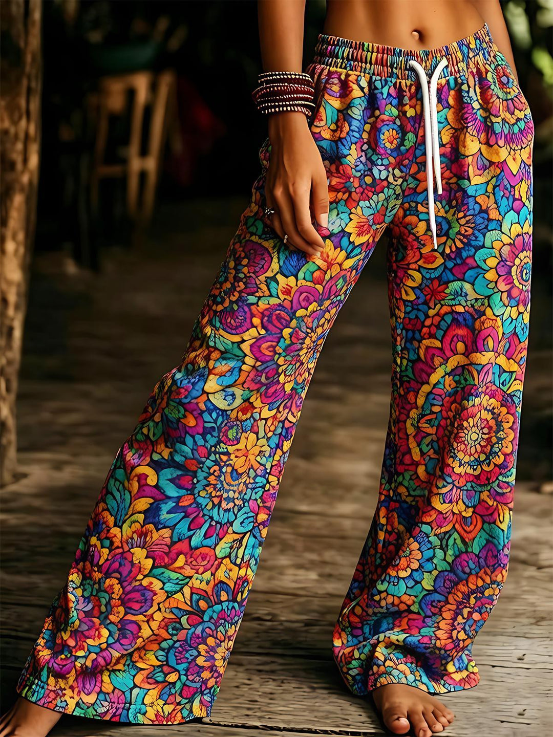 Bohemian Mandala Flower Women's Drawstring Wide-Leg Pants