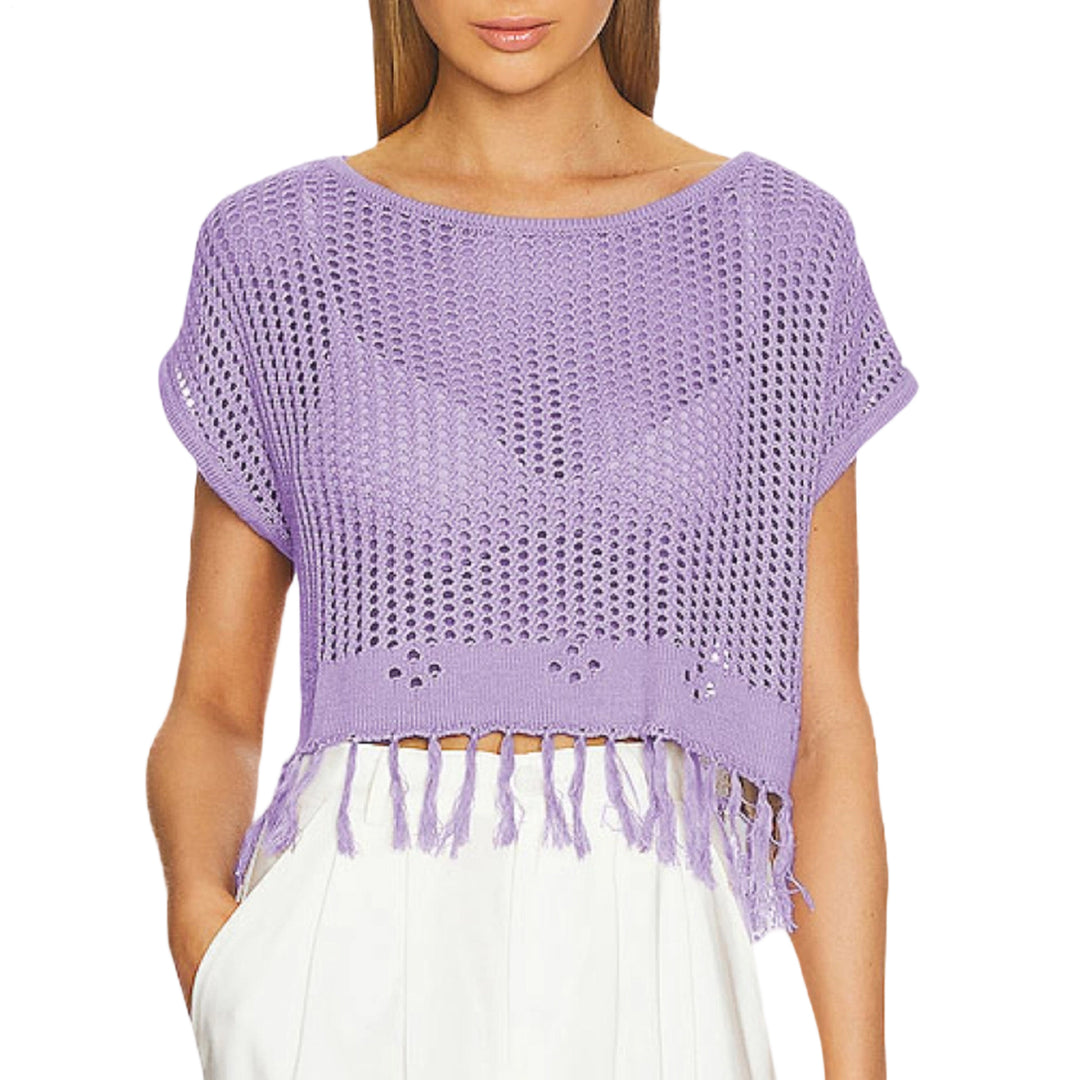 Crochet Tops for Women Tassel Hollow Out Summer Knit Top Crewneck Short Sleeve Pullover Cover Up for Travel usefulness