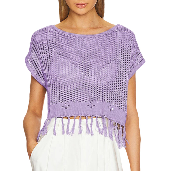 Crochet Tops for Women Tassel Hollow Out Summer Knit Top Crewneck Short Sleeve Pullover Cover Up for Travel usefulness