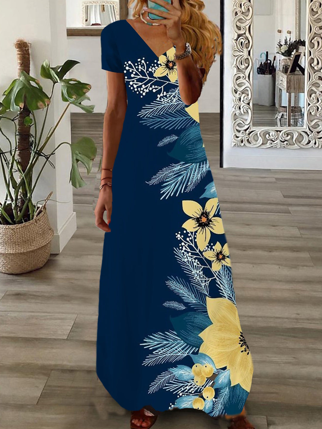 Floral Short Sleeve V Neck Maxi Dress