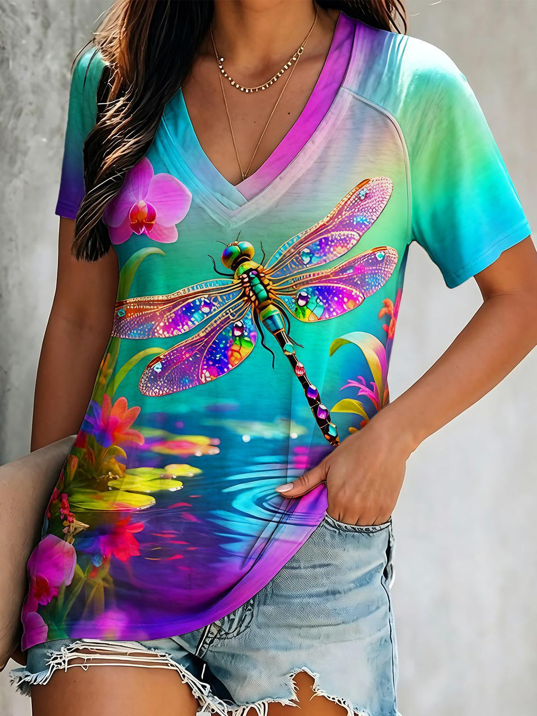 Colorful Gradient Dragonfly Flower Short Sleeve V Neck Print Top