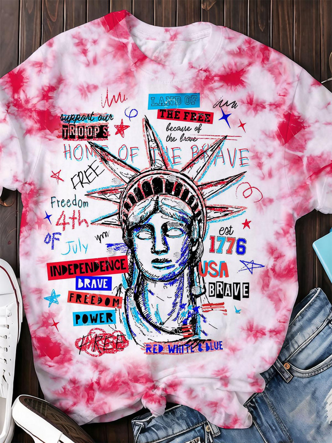 Independence Day Liberty Goddess Tie Dye Print Women's Short Sleeve Crew Neck T-shirt