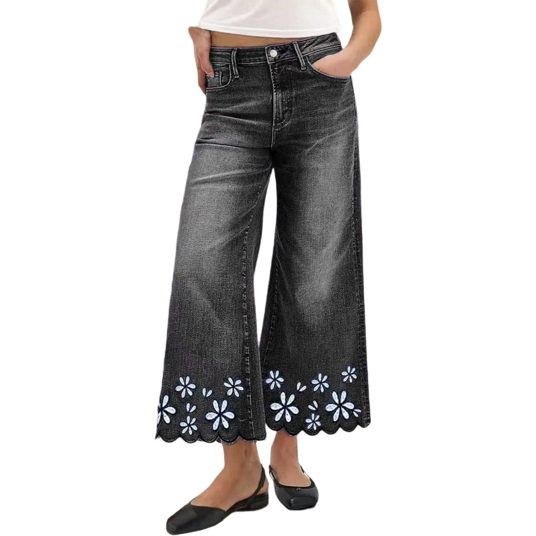 Cropped Wide Leg Jeans Floral Embroidery Boho Wide Leg Jeans Middle Waisted Cropped Denim Pants for Travel excellently