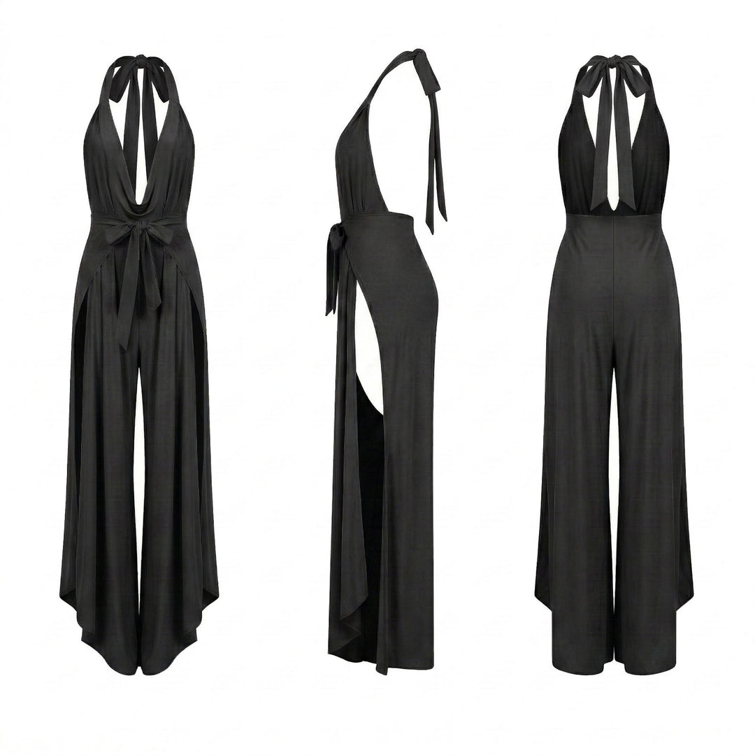Halter Jumpsuits for Women Side Slit Backless Convertible Wide Leg Jumpsuits Sleeveless Overalls for Vacation first-rate