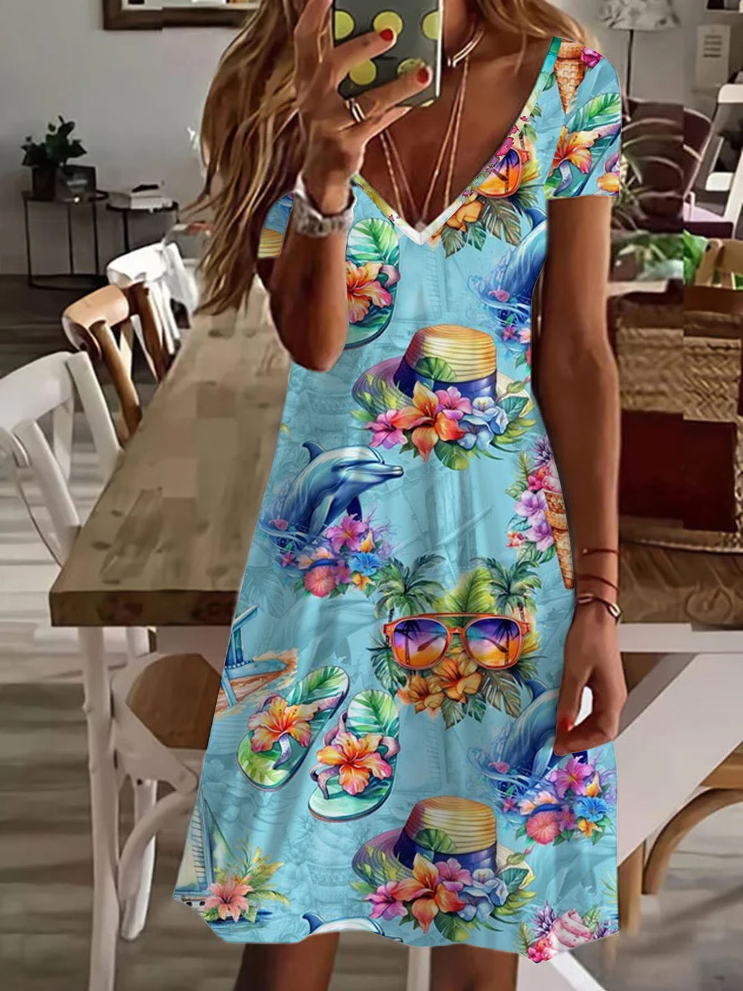 Tropical Party V Neck Short Sleeve Dress