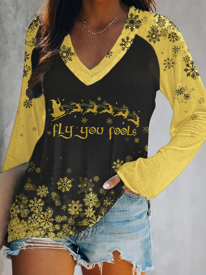 Fun Christmas Print V-Neck Long Sleeve Top