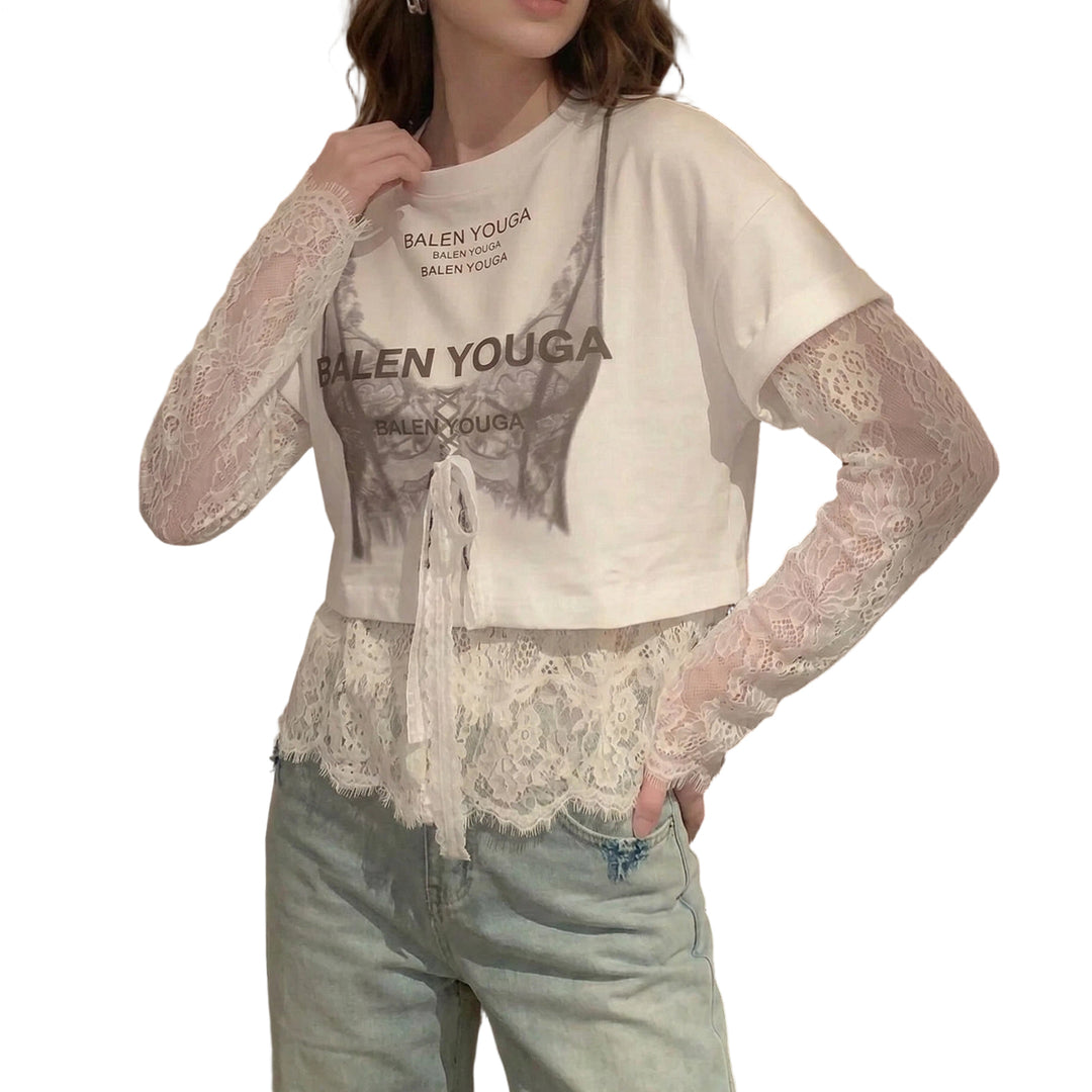 Lace Tshirt for Women Lace Splicing Long Sleeve Shirts Blouse Crew Neck Casual Layered Tee for Vacation Party superb