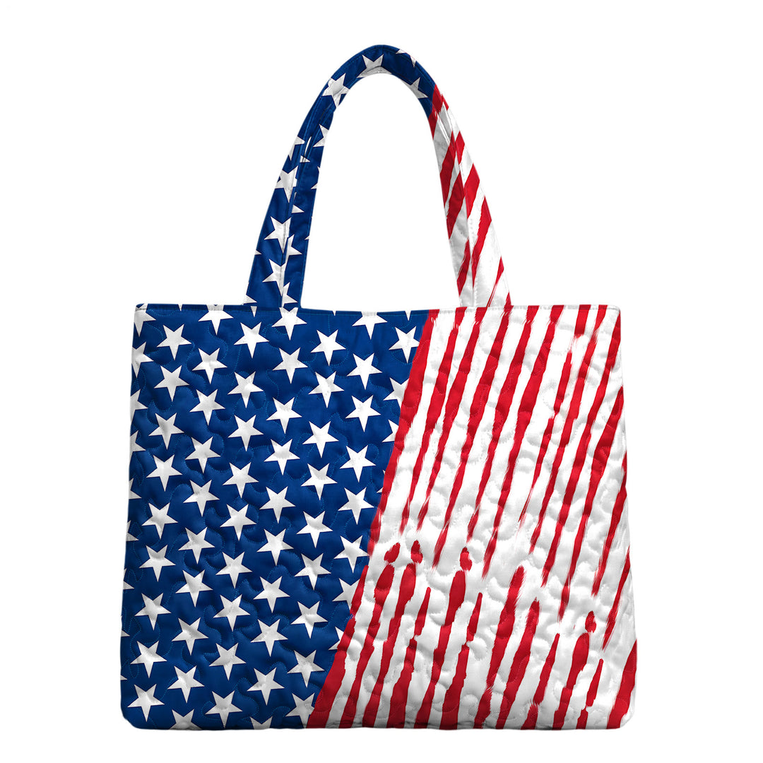 Quilted Tote Bag for Women American Flag Patriotic Handbags with Handles Travel Casual Purse for Vacation practical