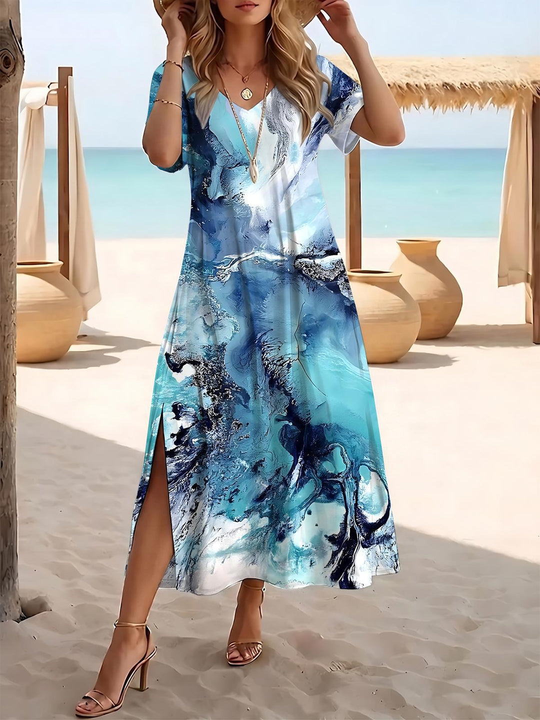 Abstract Women's Short Sleeve V Neck Maxi Dress