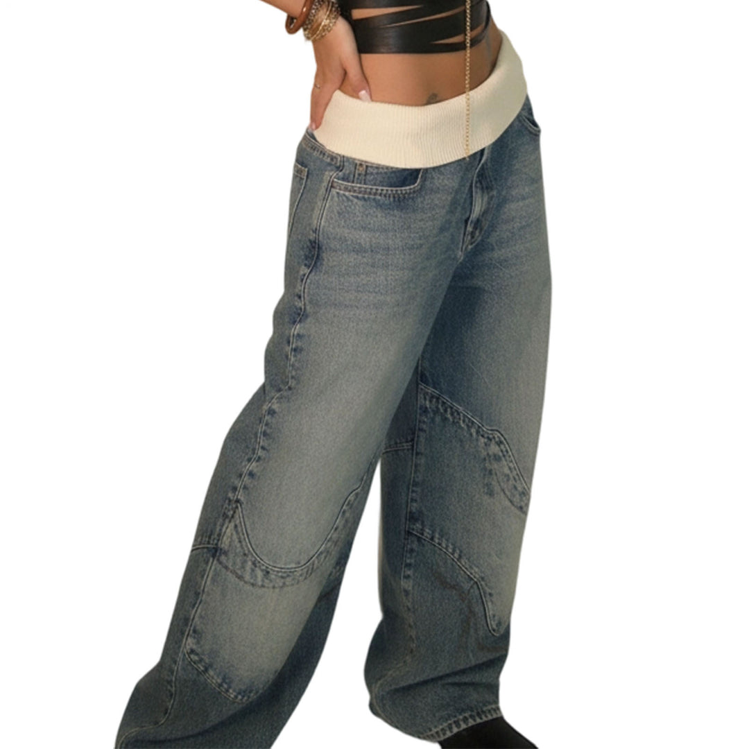 Womens Low Rise Baggy Jeans Fold-Over Elastic Waist Wide Leg Jeans Denim Pants Loose Fit Trousers for Club appropriate