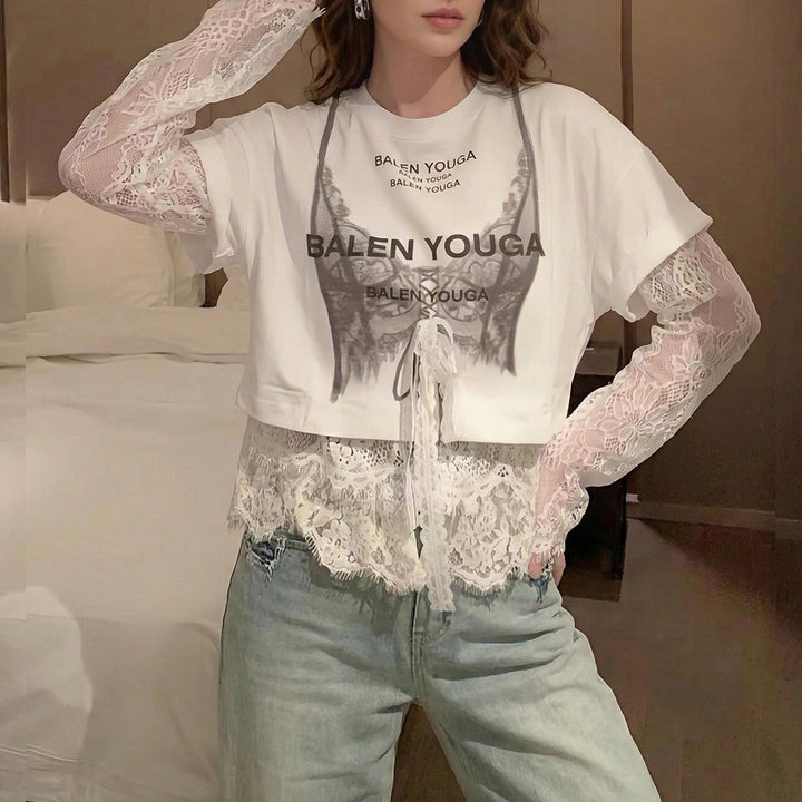 Lace Tshirt for Women Lace Splicing Long Sleeve Shirts Blouse Crew Neck Casual Layered Tee for Vacation Party superb