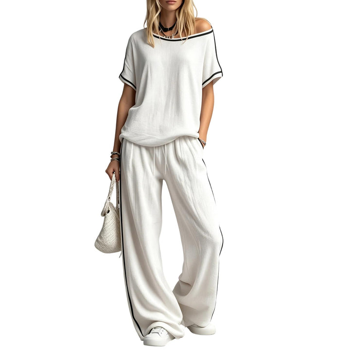 Two Piece Lounge Set for Women Color-Blocked Short Sleeve Top Loose Fit Wide Leg Pants Macthing Set for Daily right