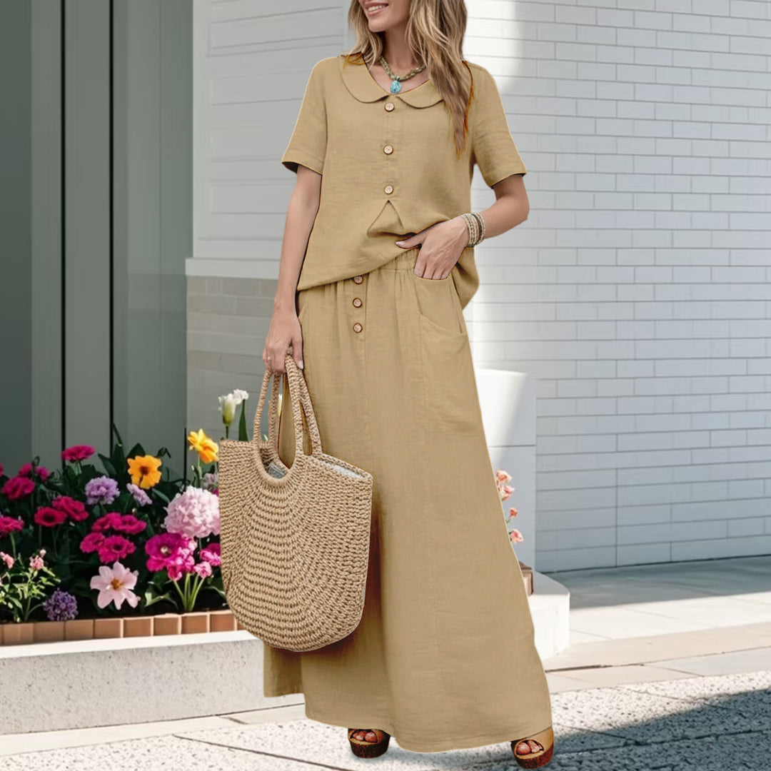 2 Piece Skirt Set Solid Cotton Two Piece Sets Short Sleeve Top and Maxi Skirt Casual Outfit for Daily Wear everywhere