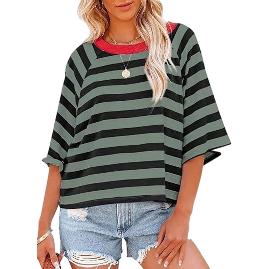 Striped Shirt Women Crew Neck Fashion Casual T Shirts Loose Fit Basic Tops for Travel Going Out Commuting approving