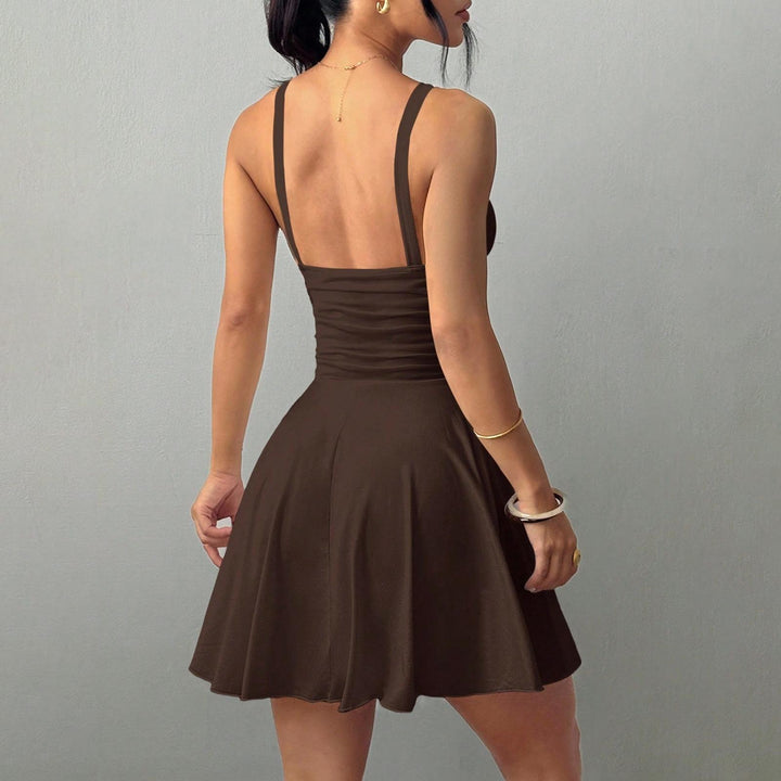 Sleeveless Mini Dress for Women Cinched Waist V Neck Flowy Short Dress Elegant Sundresses for Cocktail Party appropriate