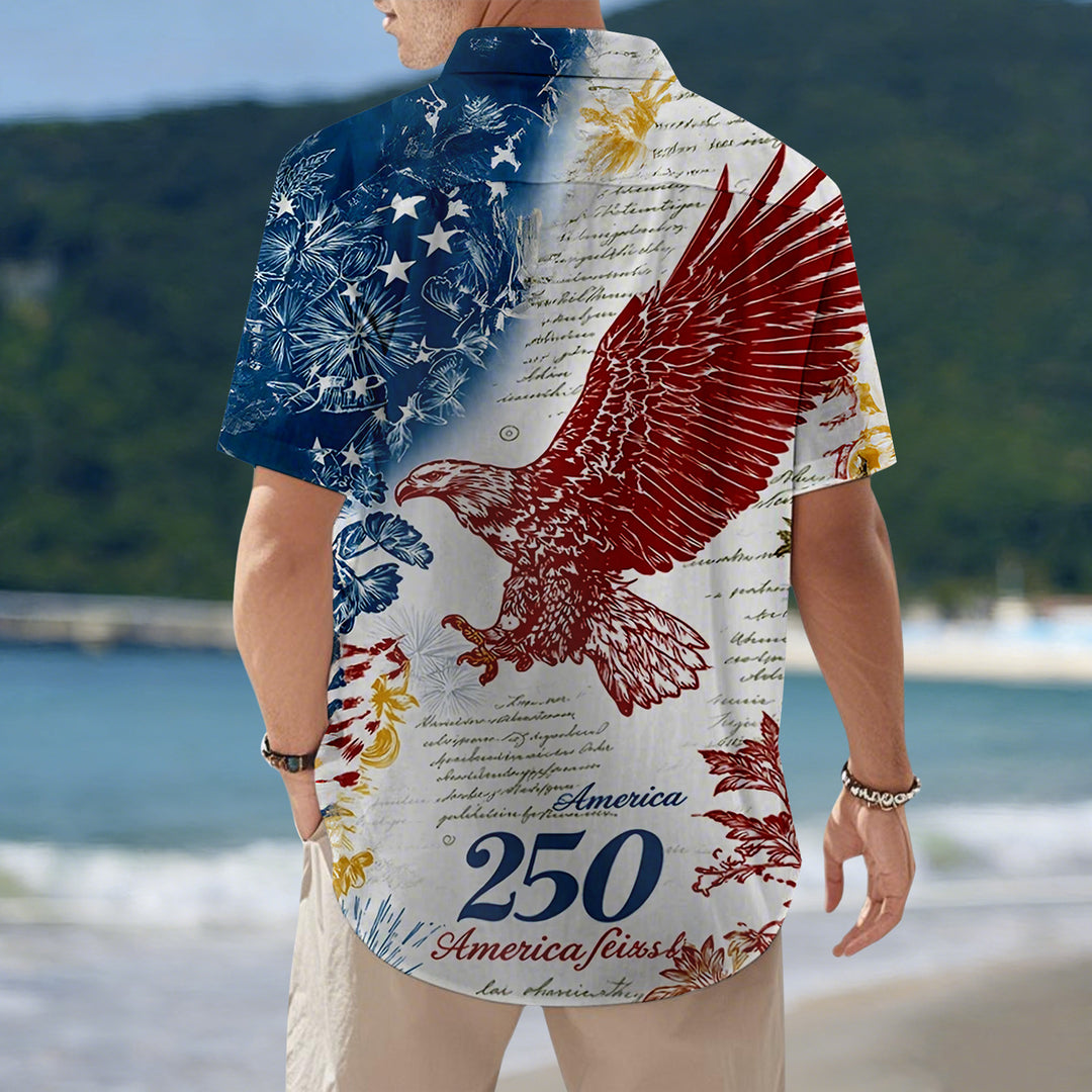 Patriotic Button Up Shirts For Men 250 Years Flag Lapel Short Sleeve Casual Trendy Hawaiian Shirts for Travel respectable