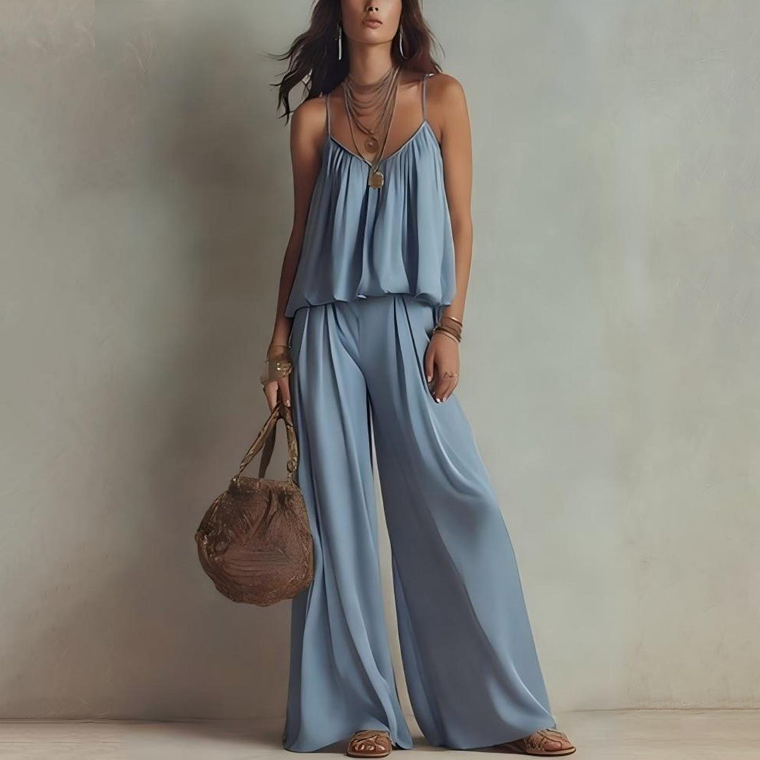 Womens Two Piece Sets Summer Spaghetti Strap Solid Color Bustier Wide Leg Pant Going Out Clothes for Party heathly