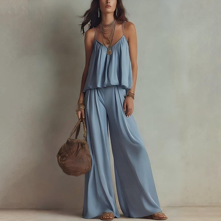 Womens Two Piece Sets Summer Spaghetti Strap Solid Color Bustier Wide Leg Pant Going Out Clothes for Party heathly