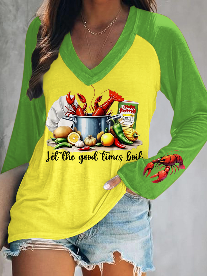 Crawfish Let The Good Times Boil Print V-Neck Long Sleeve Top