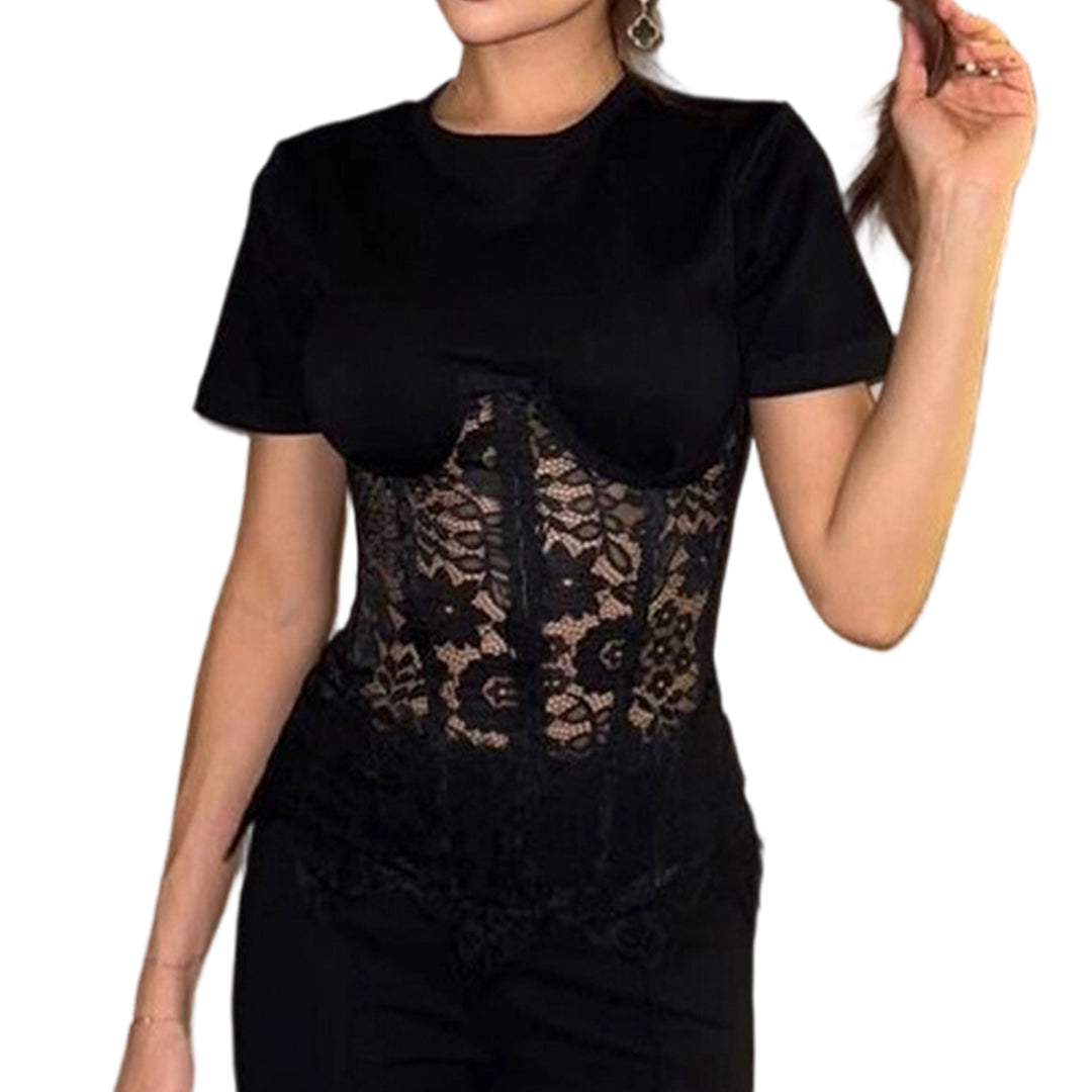 Lace T Shirts for Women Crewneck Summer Corset Crop Top Slim Fit Mesh See Through T Shirts for Night Out successful