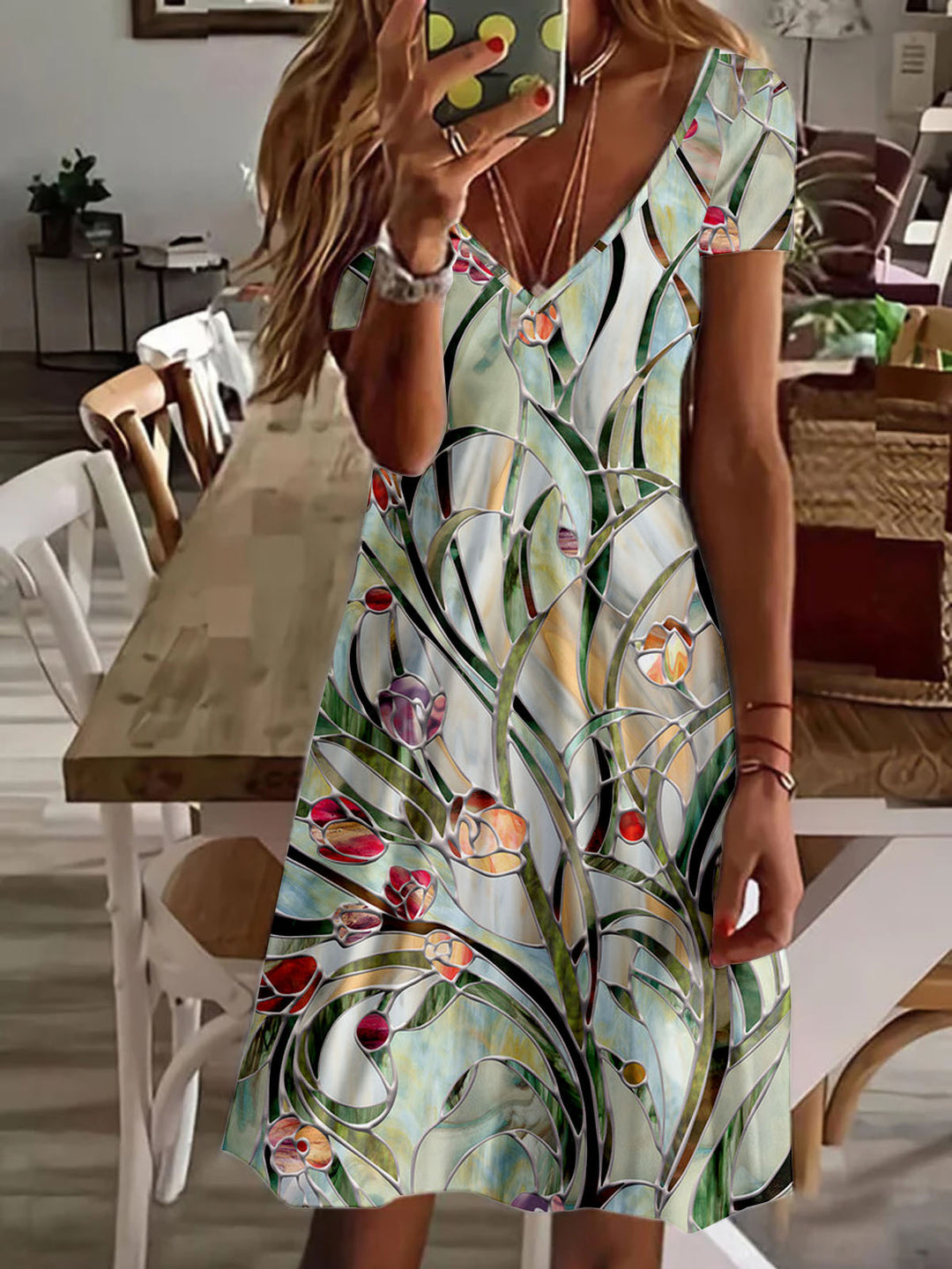 Women Floral Leaf Print V Neck Short Sleeve Dress