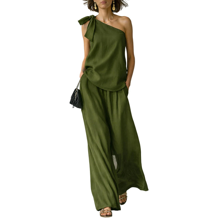 Summer Outfits for Women 2 Piece Set Off Shoulder Asymmetrical Neck Tank Tops Wide Leg Pants Set for Travel refined