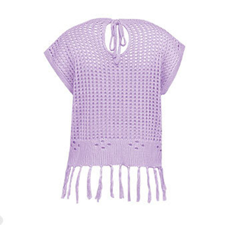 Crochet Tops for Women Tassel Hollow Out Summer Knit Top Crewneck Short Sleeve Pullover Cover Up for Travel usefulness
